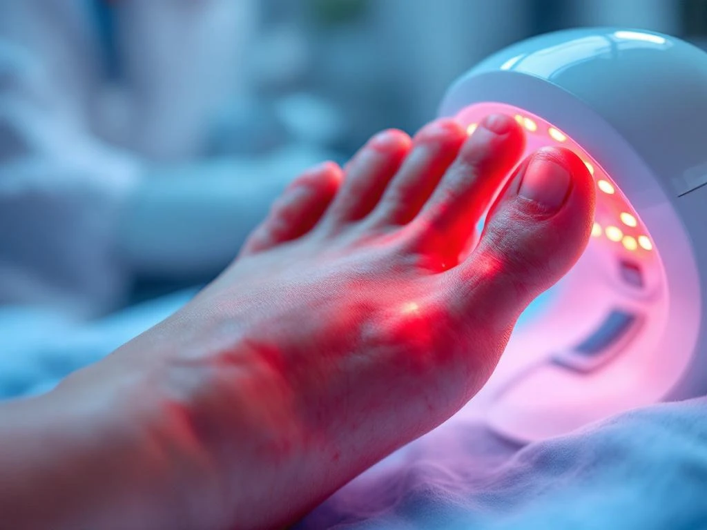 Turvonnut ja tulehtunyt isovarpaan nivel saa punavaloterapiahoitoa lääketieteellisessä ympäristössä